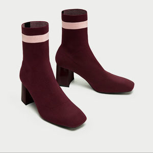 Zara Burgundy Striped High Heel Sock Ankle Boots
